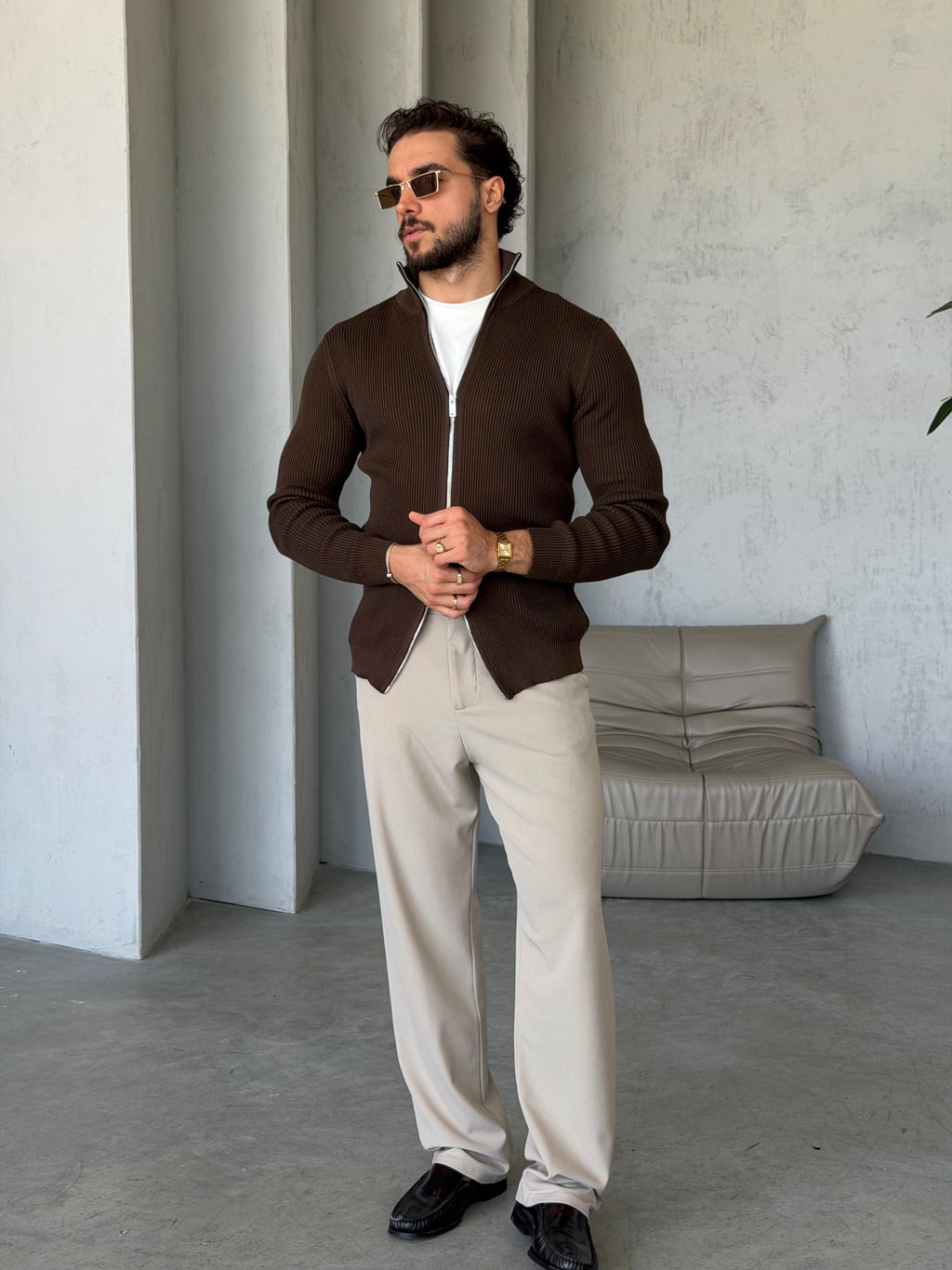 Ribbed Double-Zip Knit Cardigan – Brown