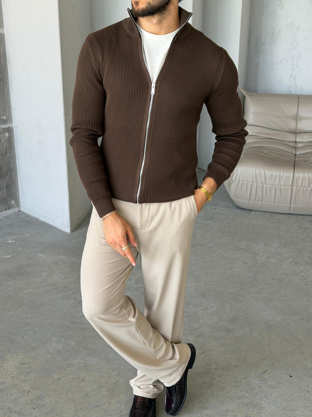 Ribbed Double-Zip Knit Cardigan – Brown