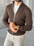 Ribbed Double-Zip Knit Cardigan – Brown