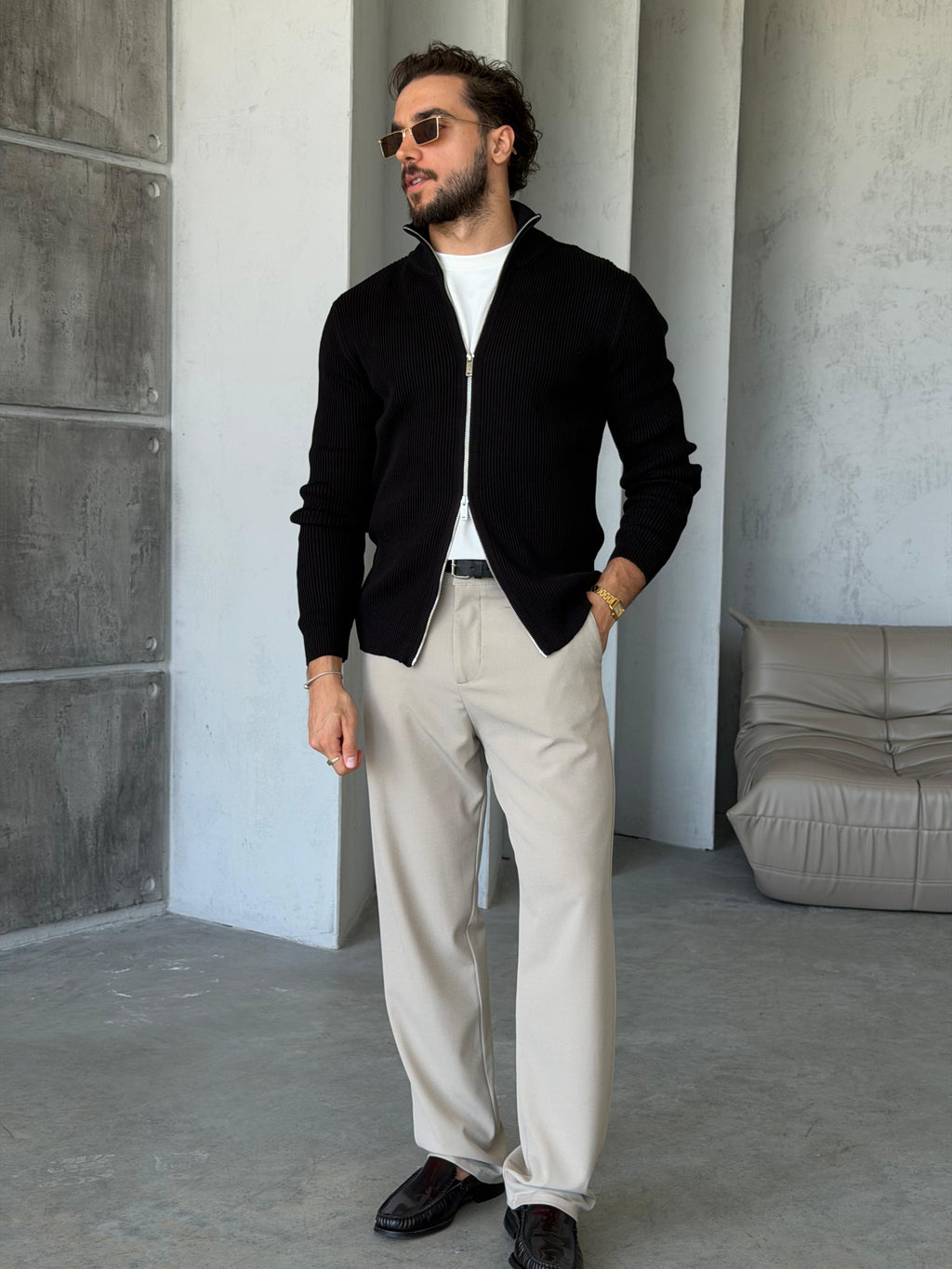 Ribbed Double-Zip Knit Cardigan – Black