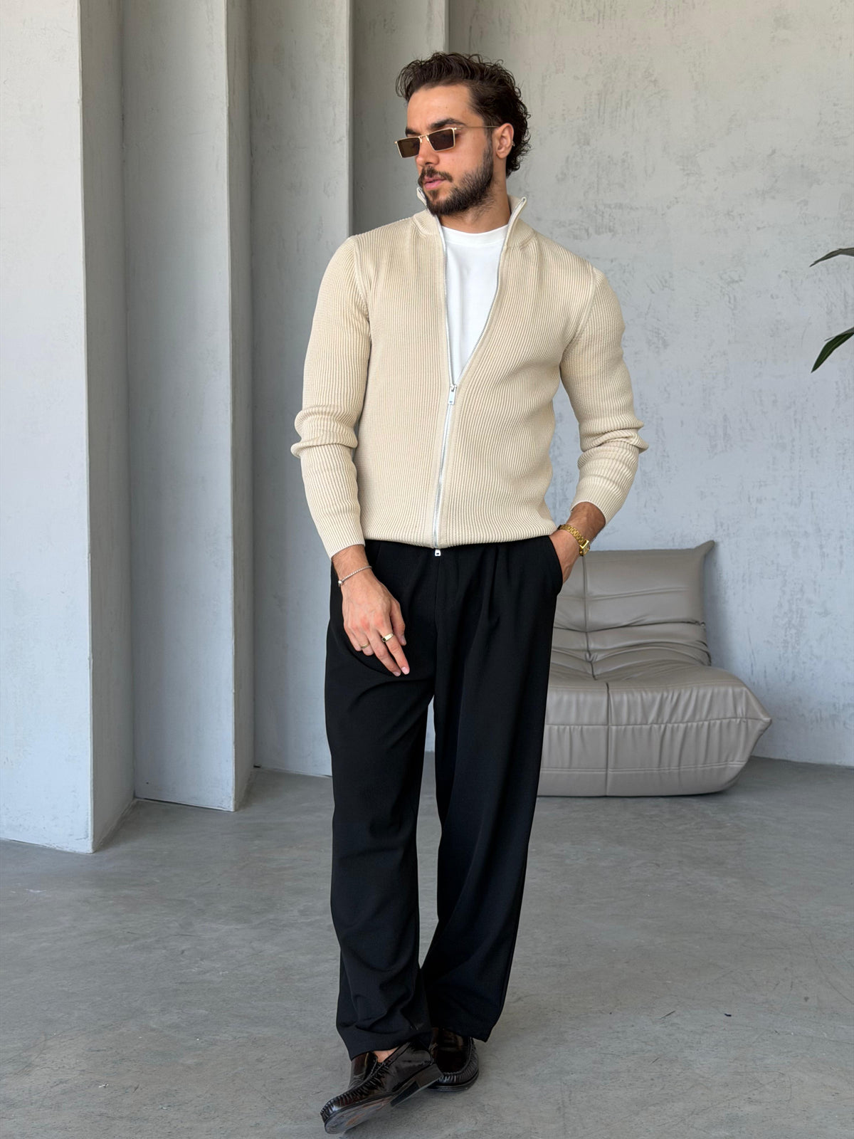 Ribbed Double-Zip Knit Cardigan – Ecru