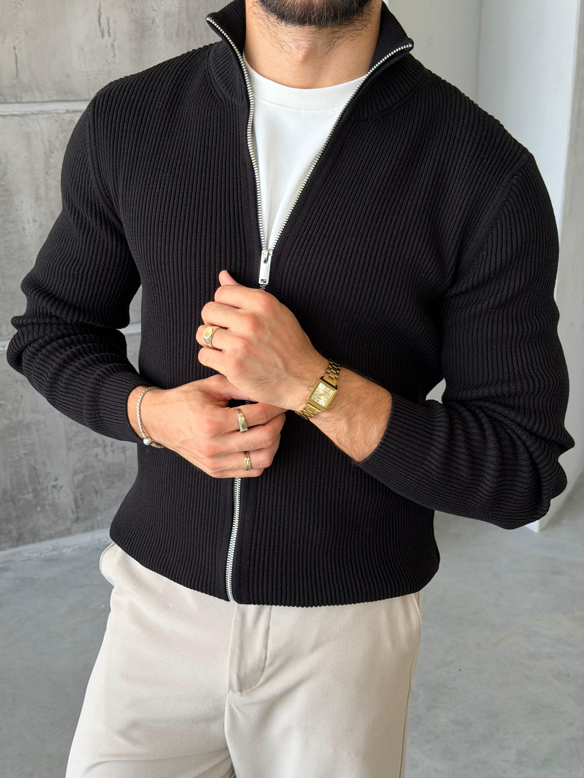 Ribbed Double-Zip Knit Cardigan – Black