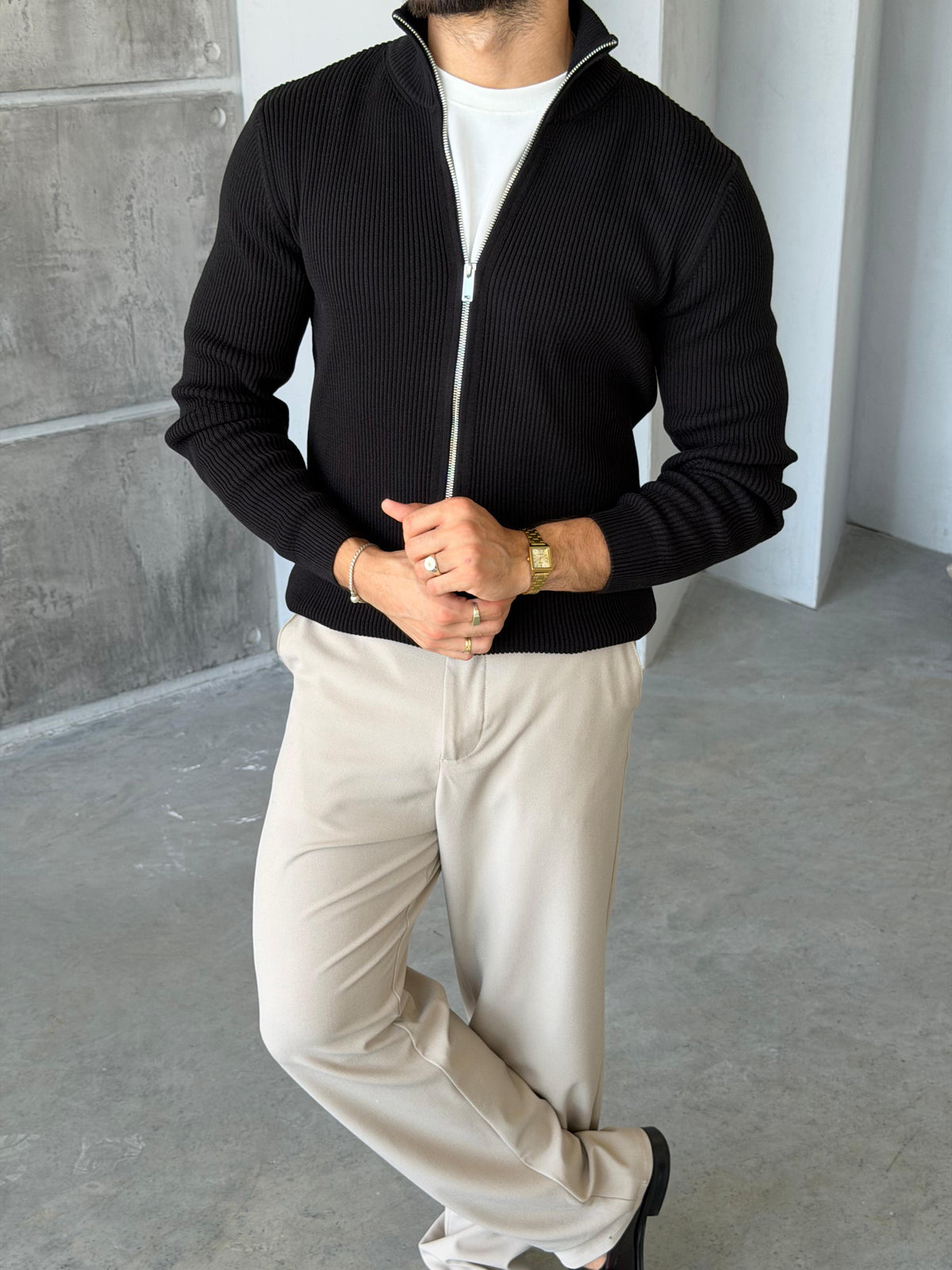Ribbed Double-Zip Knit Cardigan – Black