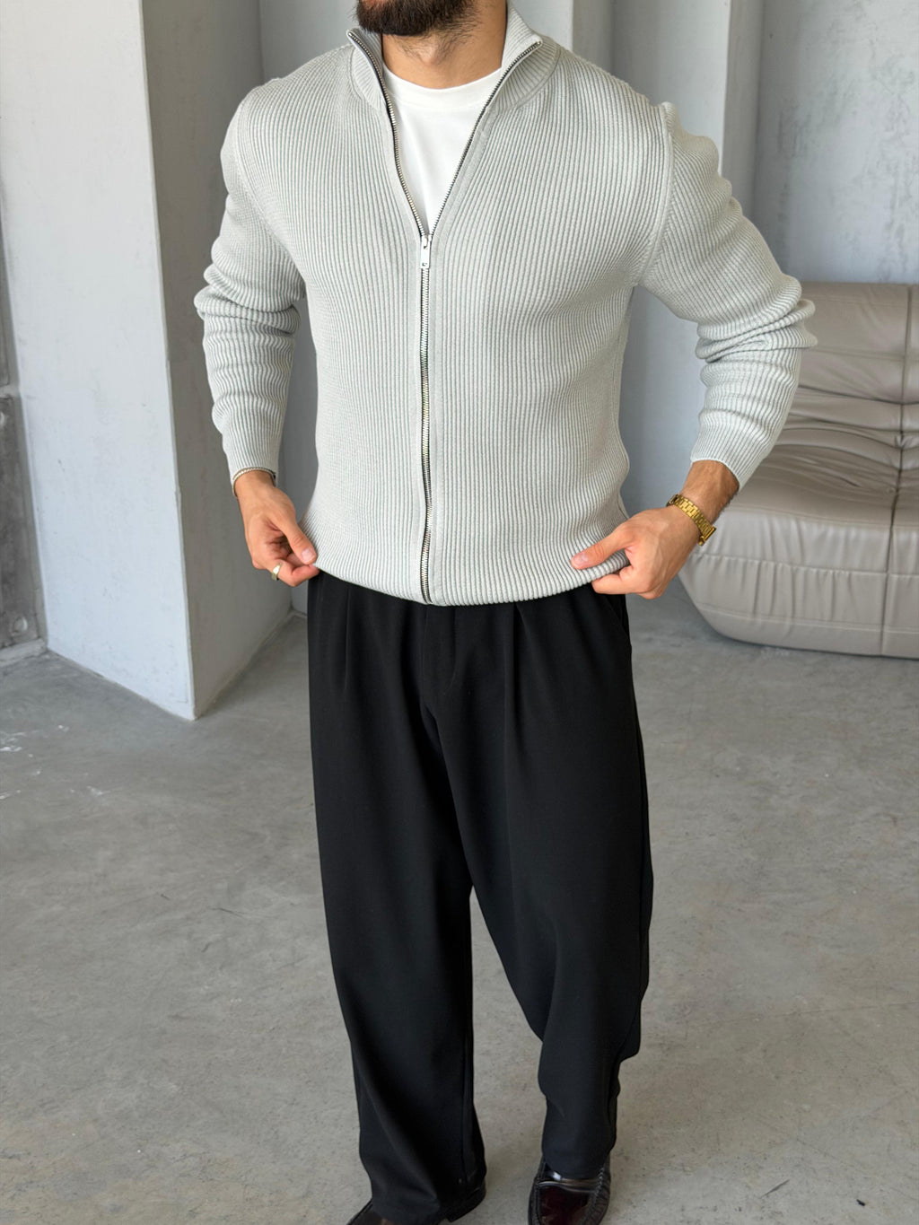 Ribbed Double-Zip Knit Cardigan – Grey