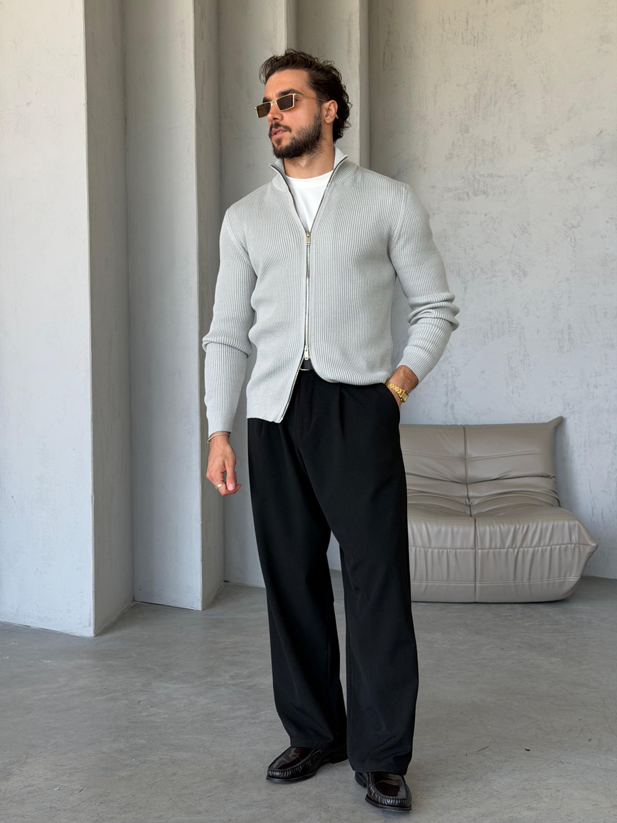 Ribbed Double-Zip Knit Cardigan – Grey