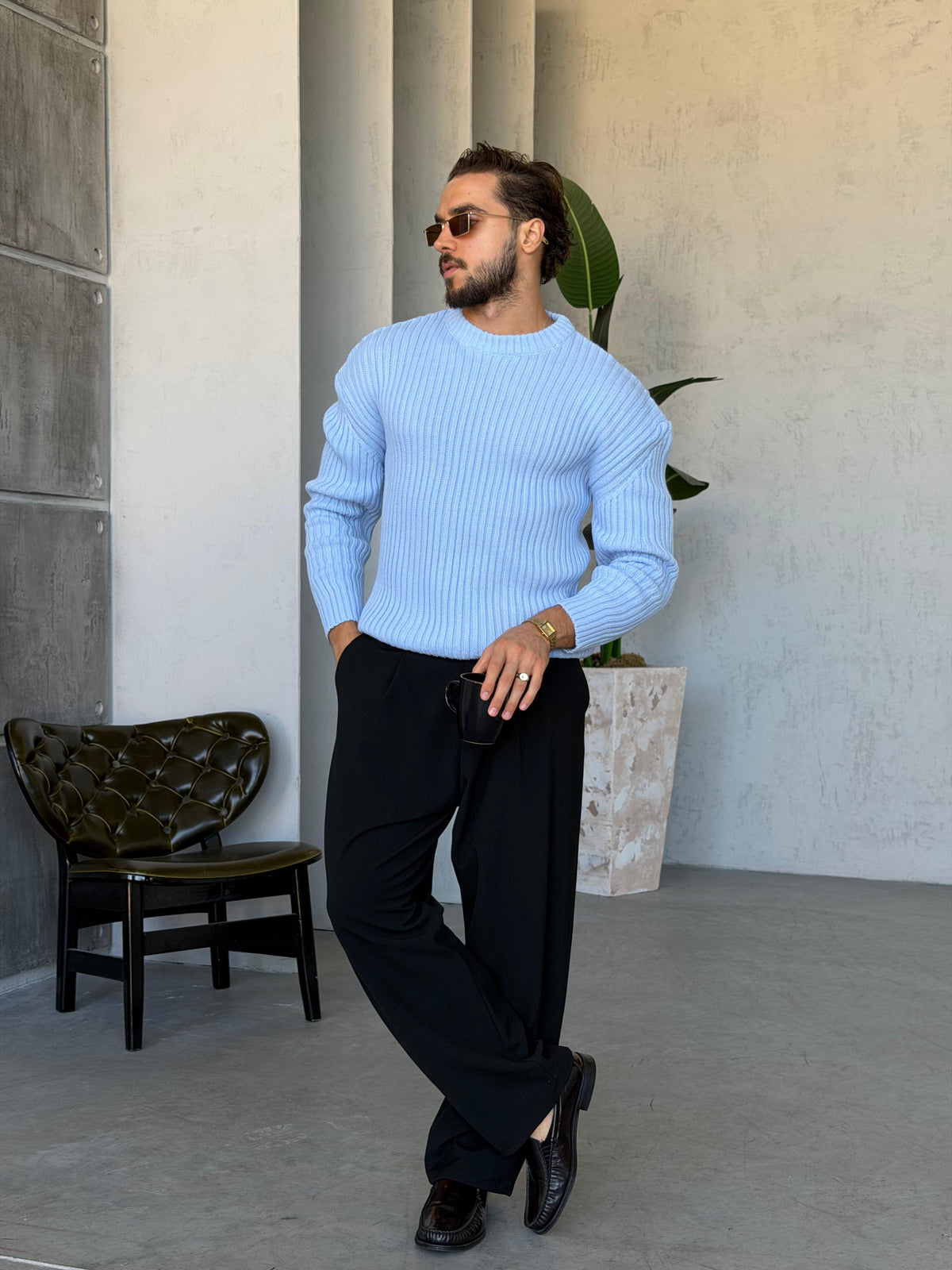 Ribbed Knit Basic Oversized Sweater - Navy Blue