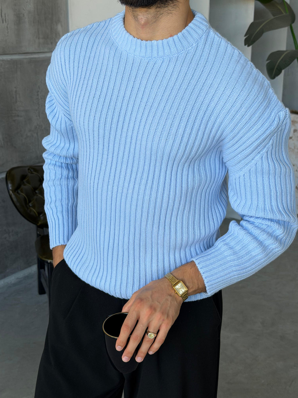 Ribbed Knit Basic Oversized Sweater - Navy Blue