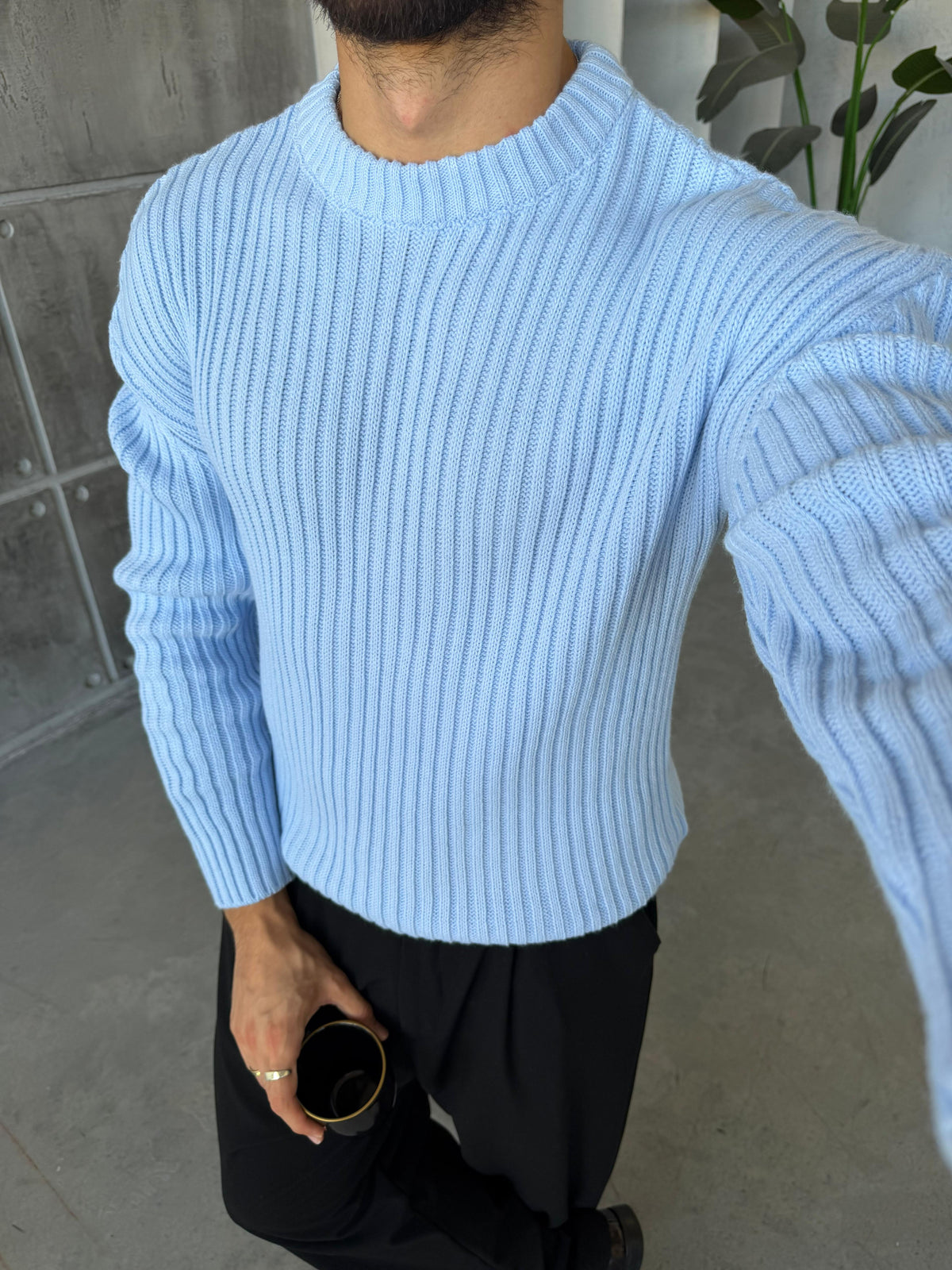 Ribbed Knit Basic Oversized Sweater - Navy Blue