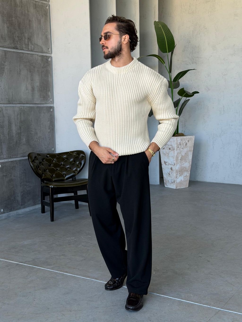 Ribbed Knit Basic Oversized Sweater - CREAM