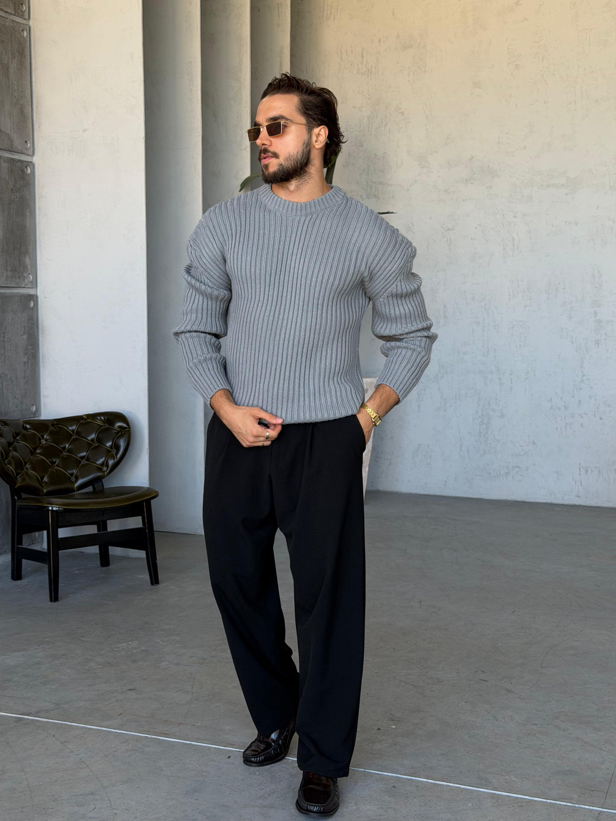 Ribbed Knit Basic Oversized Sweater - GRI