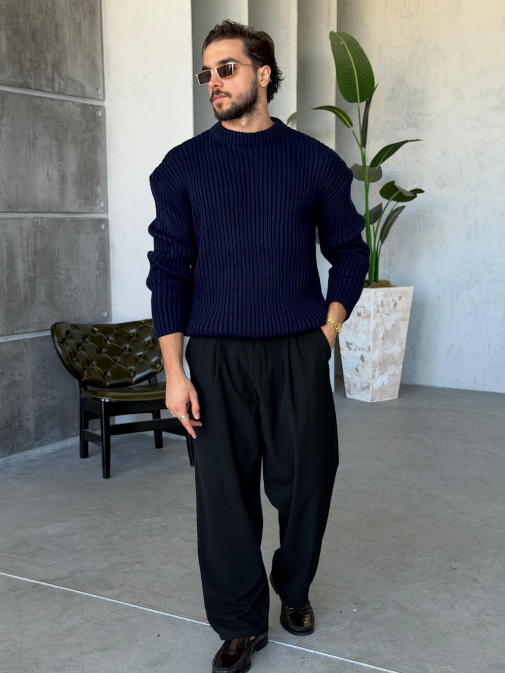 Ribbed Knit Basic Oversized Sweater - Navy Blue