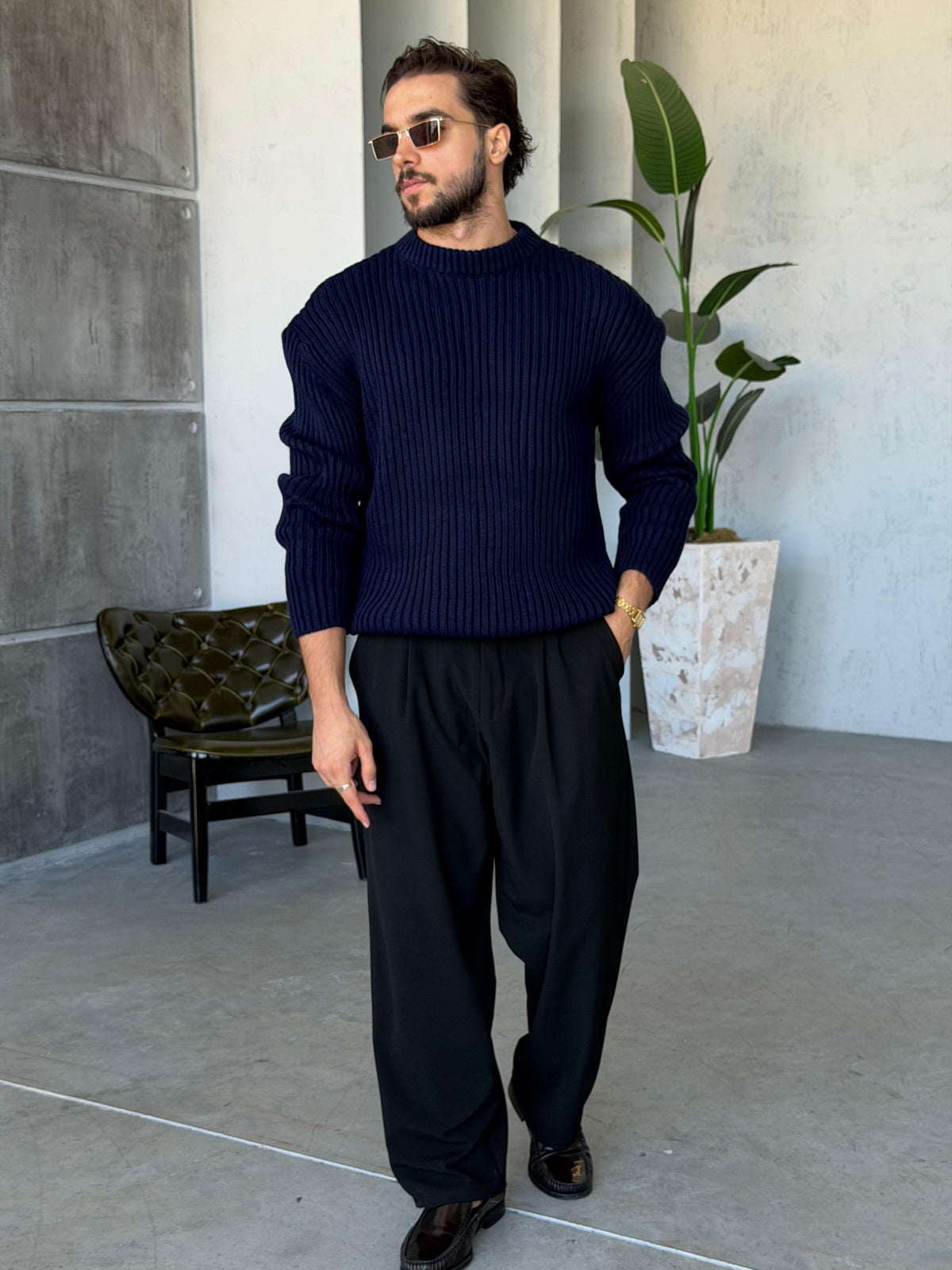 Ribbed Knit Basic Oversized Sweater - Navy Blue