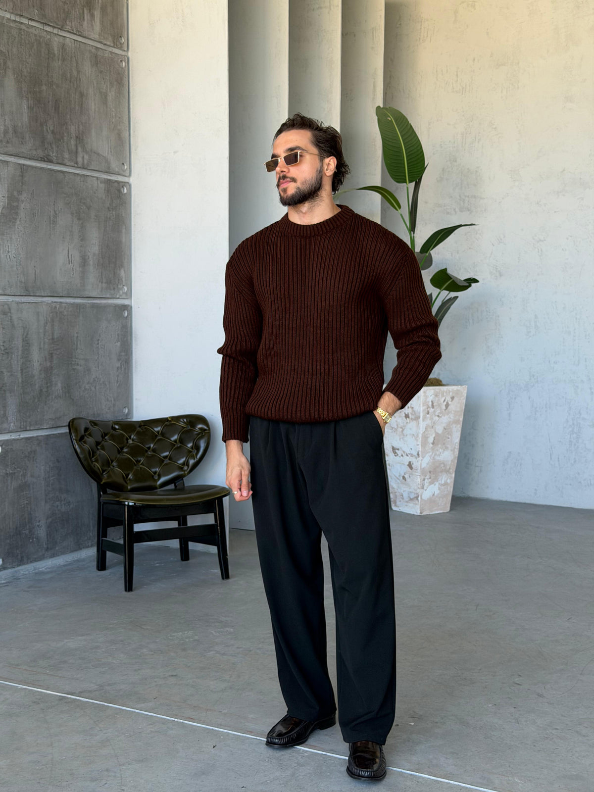 Ribbed Knit Basic Oversized Sweater - Brown