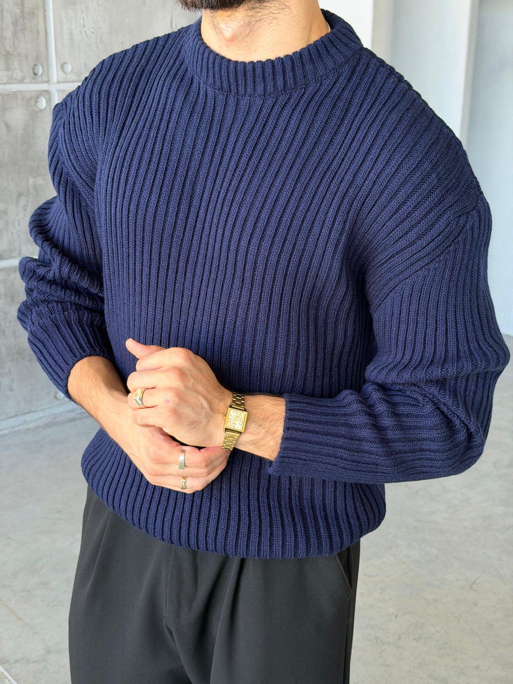 Ribbed Knit Basic Oversized Sweater - Navy Blue