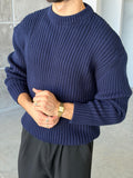 Ribbed Knit Basic Oversized Sweater - Navy Blue