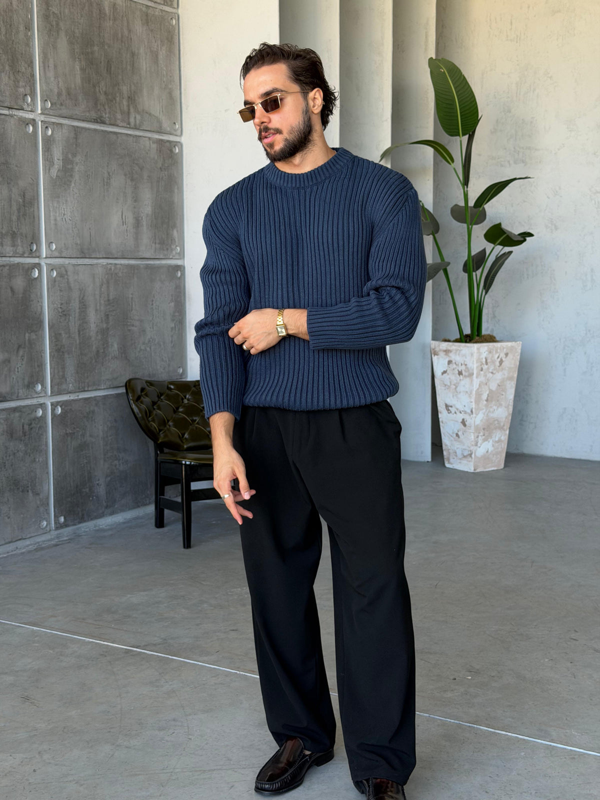 Ribbed Knit Basic Oversized Sweater - Indigo