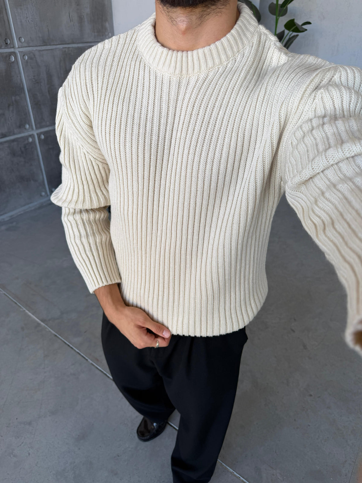 Ribbed Knit Basic Oversized Sweater - CREAM