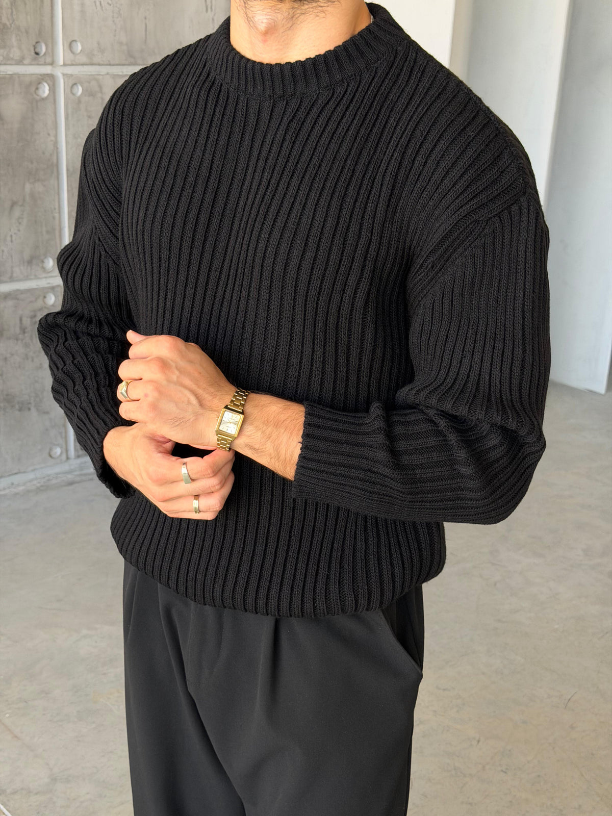 Ribbed Knit Basic Oversized Sweater - BLACK