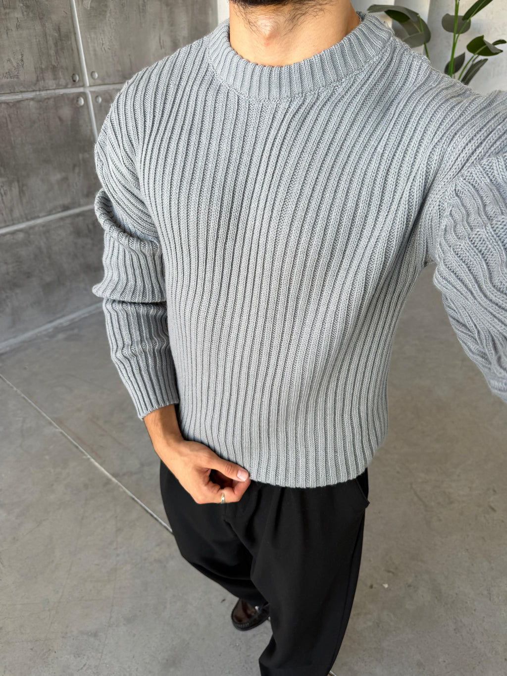 Ribbed Knit Basic Oversized Sweater - GRI
