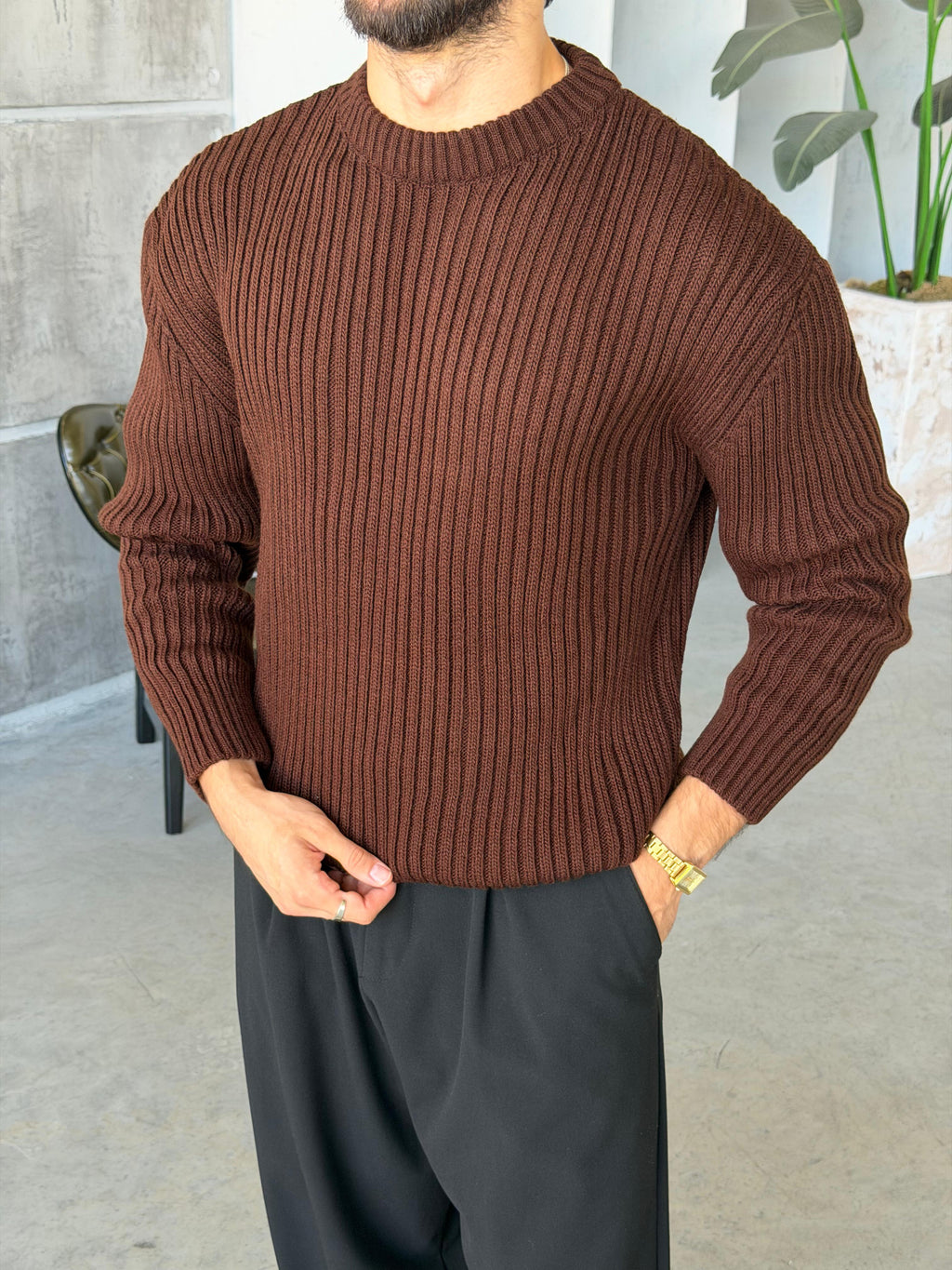 Ribbed Knit Basic Oversized Sweater - Brown