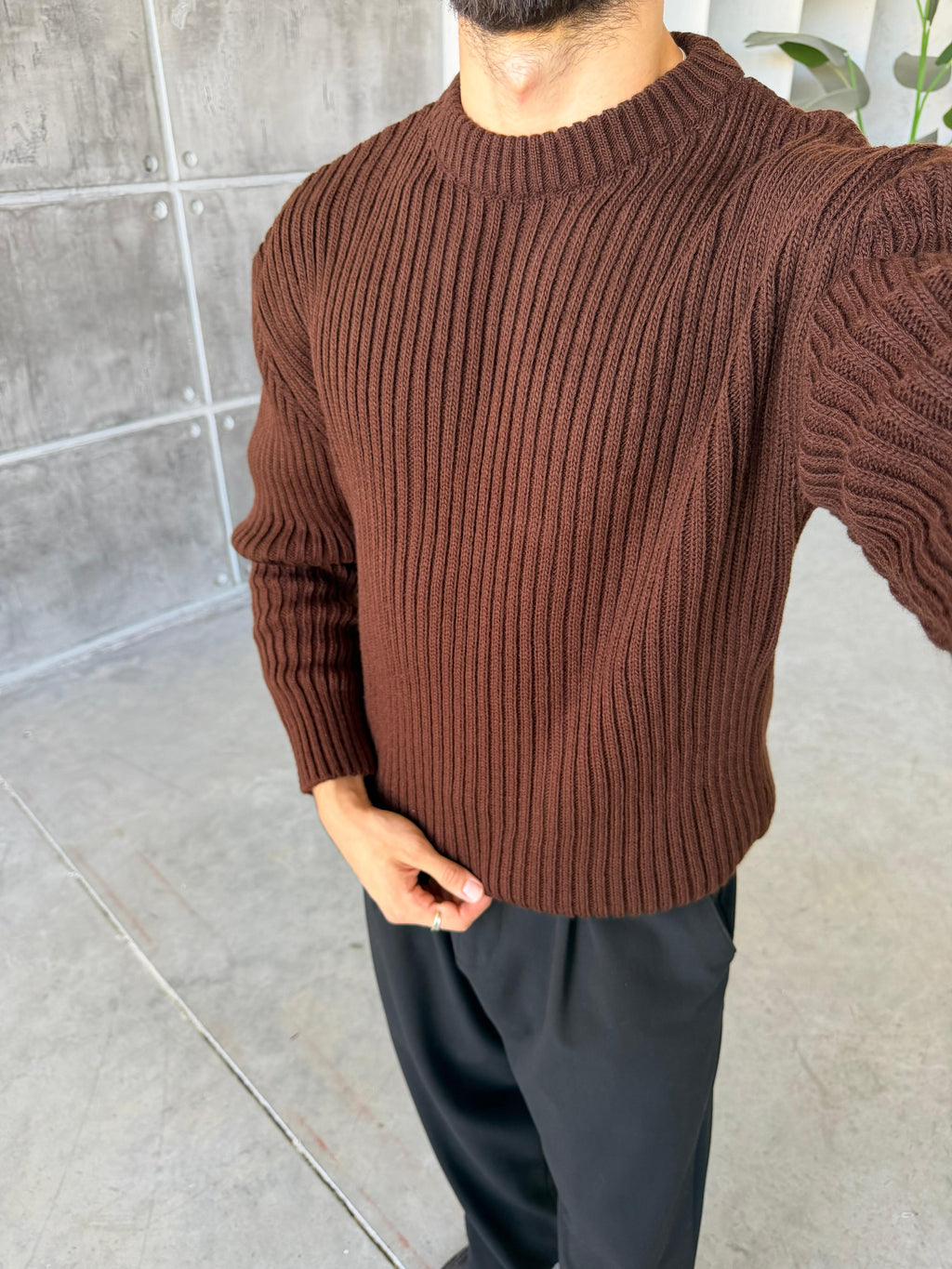 Ribbed Knit Basic Oversized Sweater - Brown