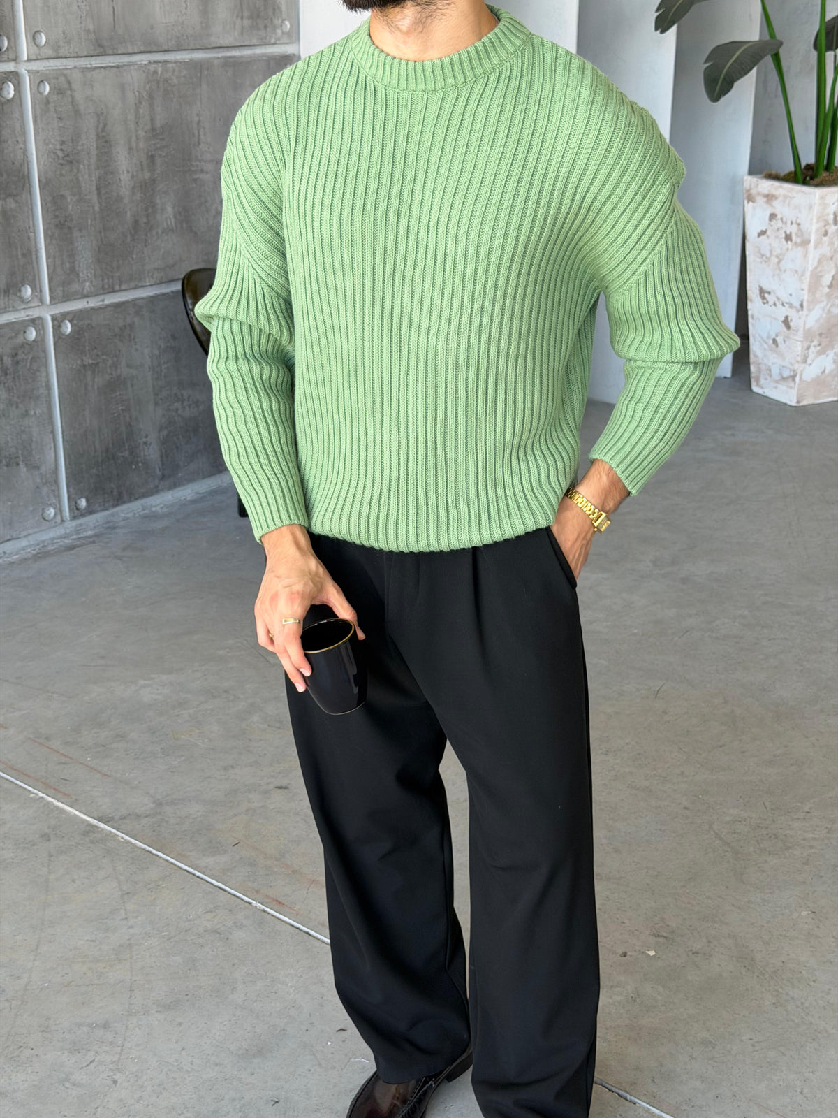 Ribbed Knit Basic Oversized Sweater - GREEN