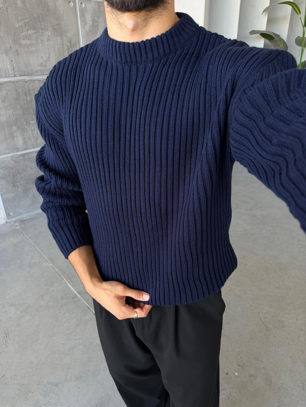 Ribbed Knit Basic Oversized Sweater - Navy Blue