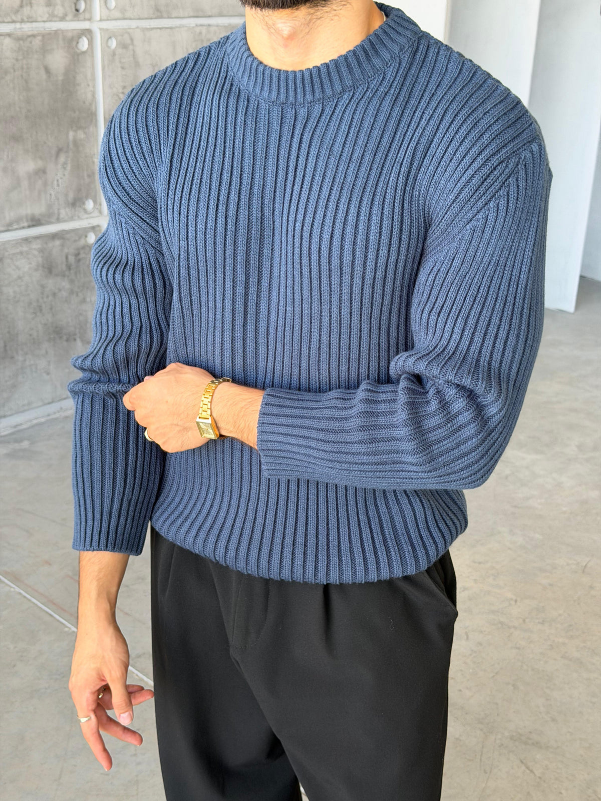 Ribbed Knit Basic Oversized Sweater - Indigo