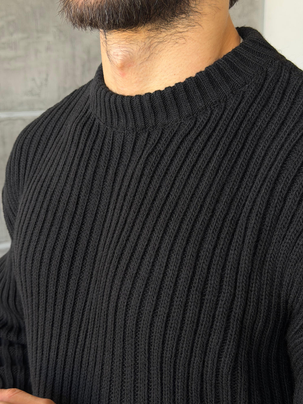 Ribbed Knit Basic Oversized Sweater - BLACK