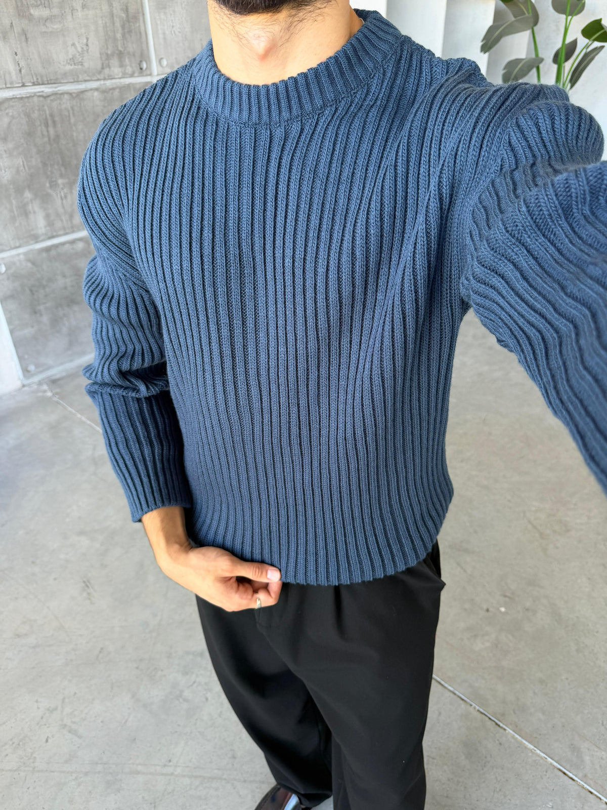 Ribbed Knit Basic Oversized Sweater - Indigo