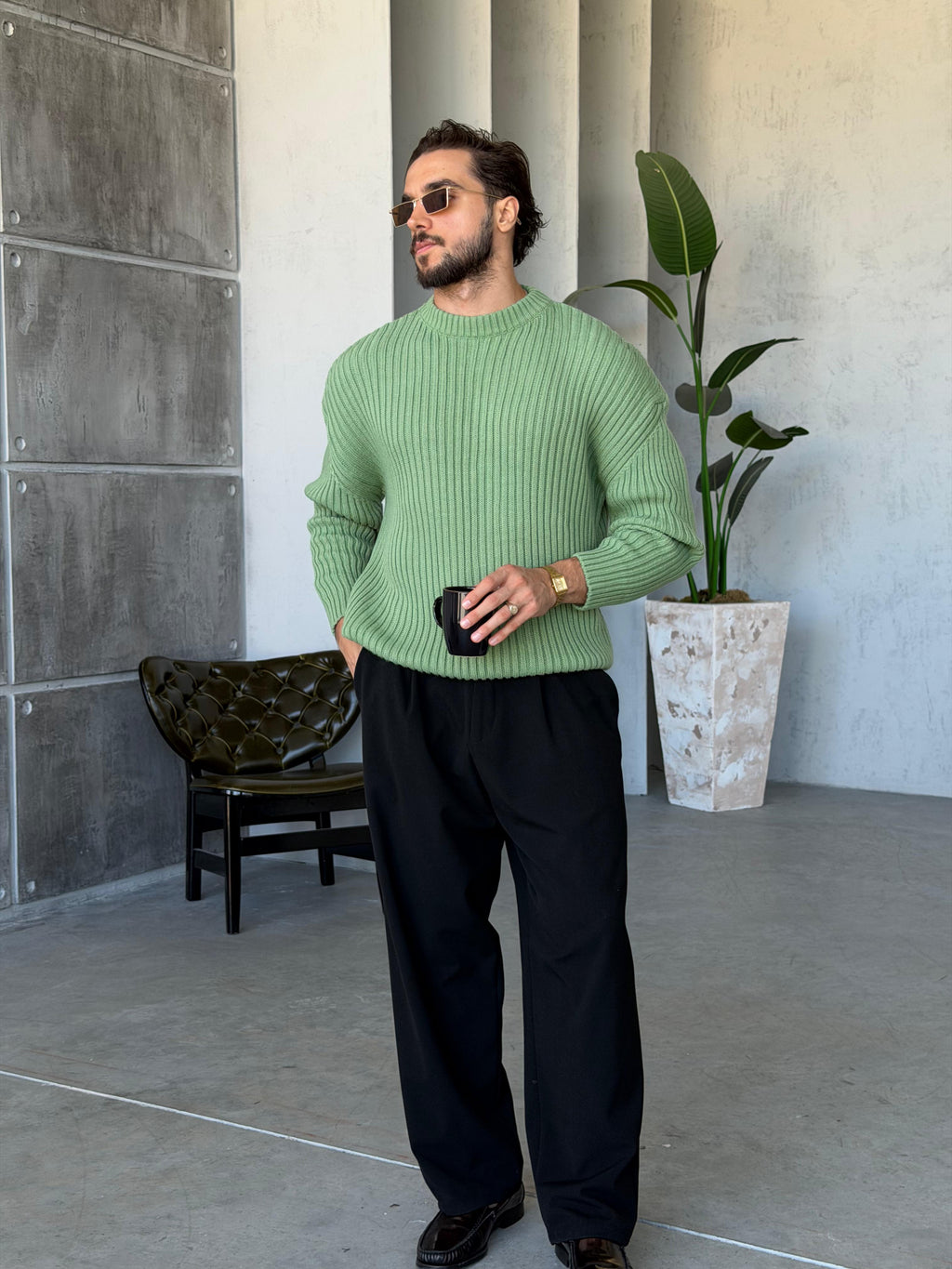 Ribbed Knit Basic Oversized Sweater - GREEN
