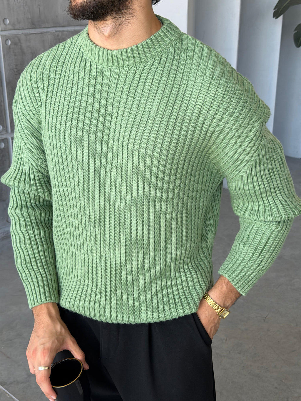 Ribbed Knit Basic Oversized Sweater - GREEN