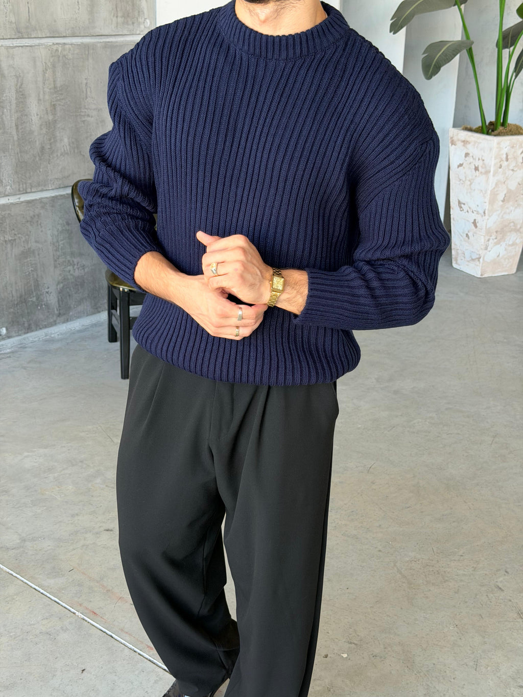 Ribbed Knit Basic Oversized Sweater - Navy Blue