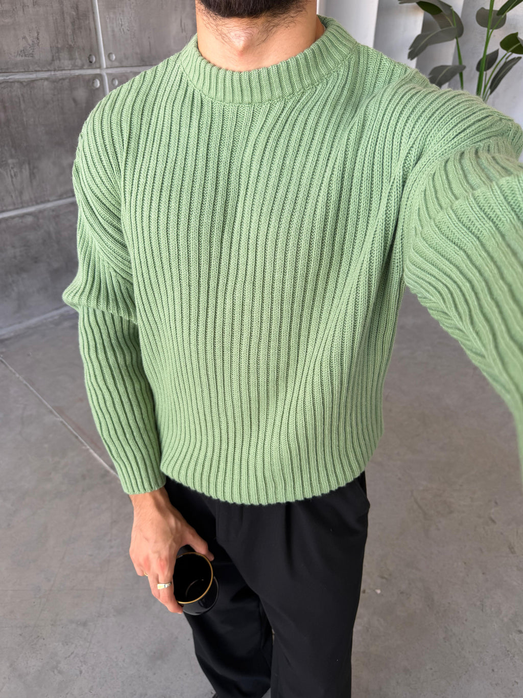 Ribbed Knit Basic Oversized Sweater - GREEN