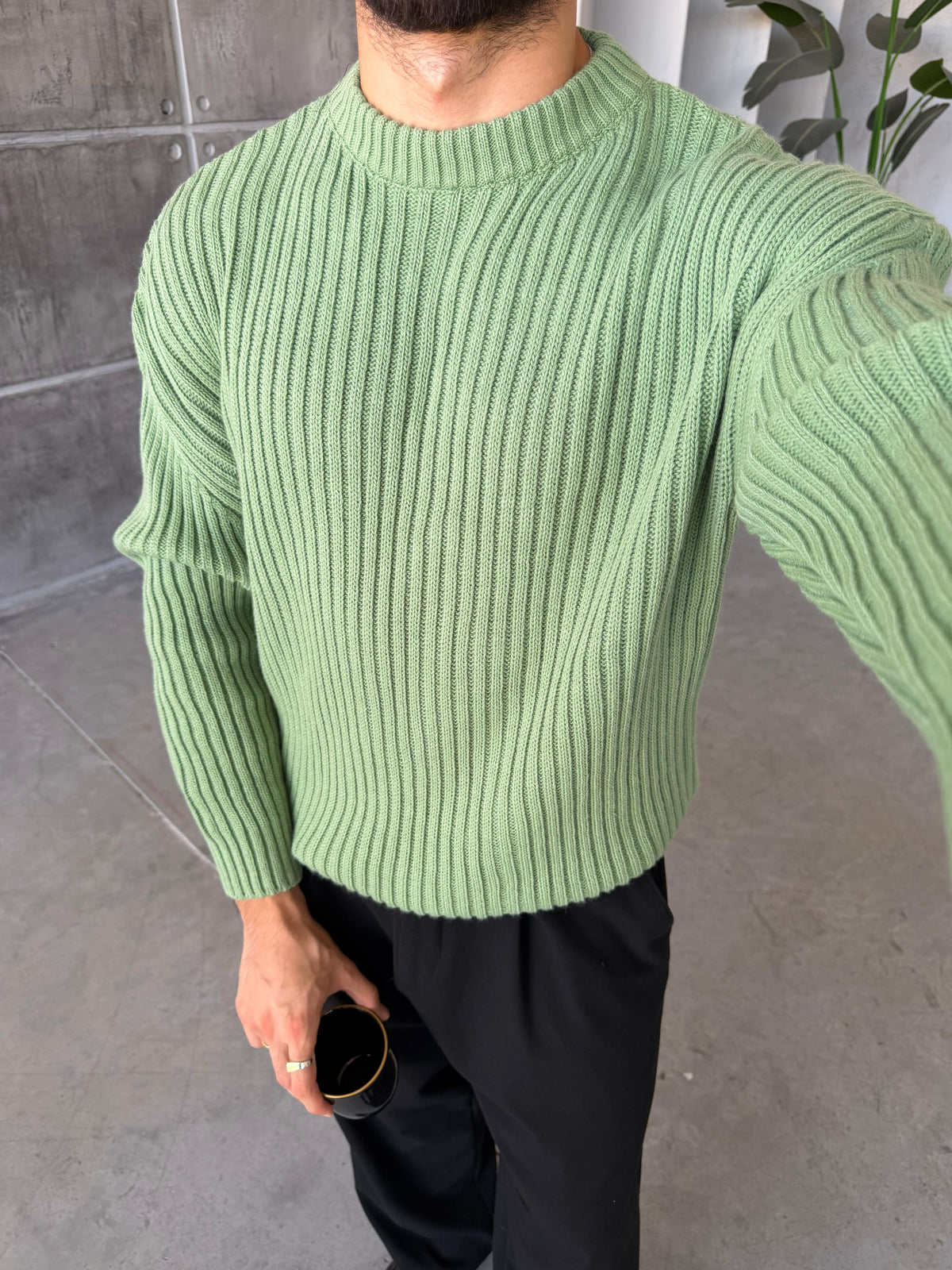 Ribbed Knit Basic Oversized Sweater - GREEN