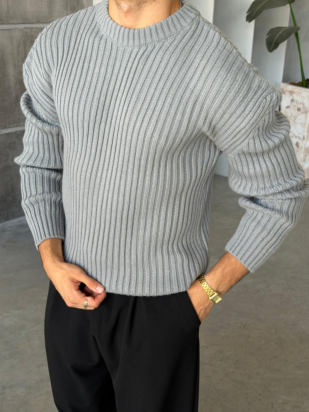 Ribbed Knit Basic Oversized Sweater - GRI