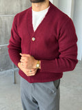 Buttoned Knit V-Neck Cardigan - BORDO