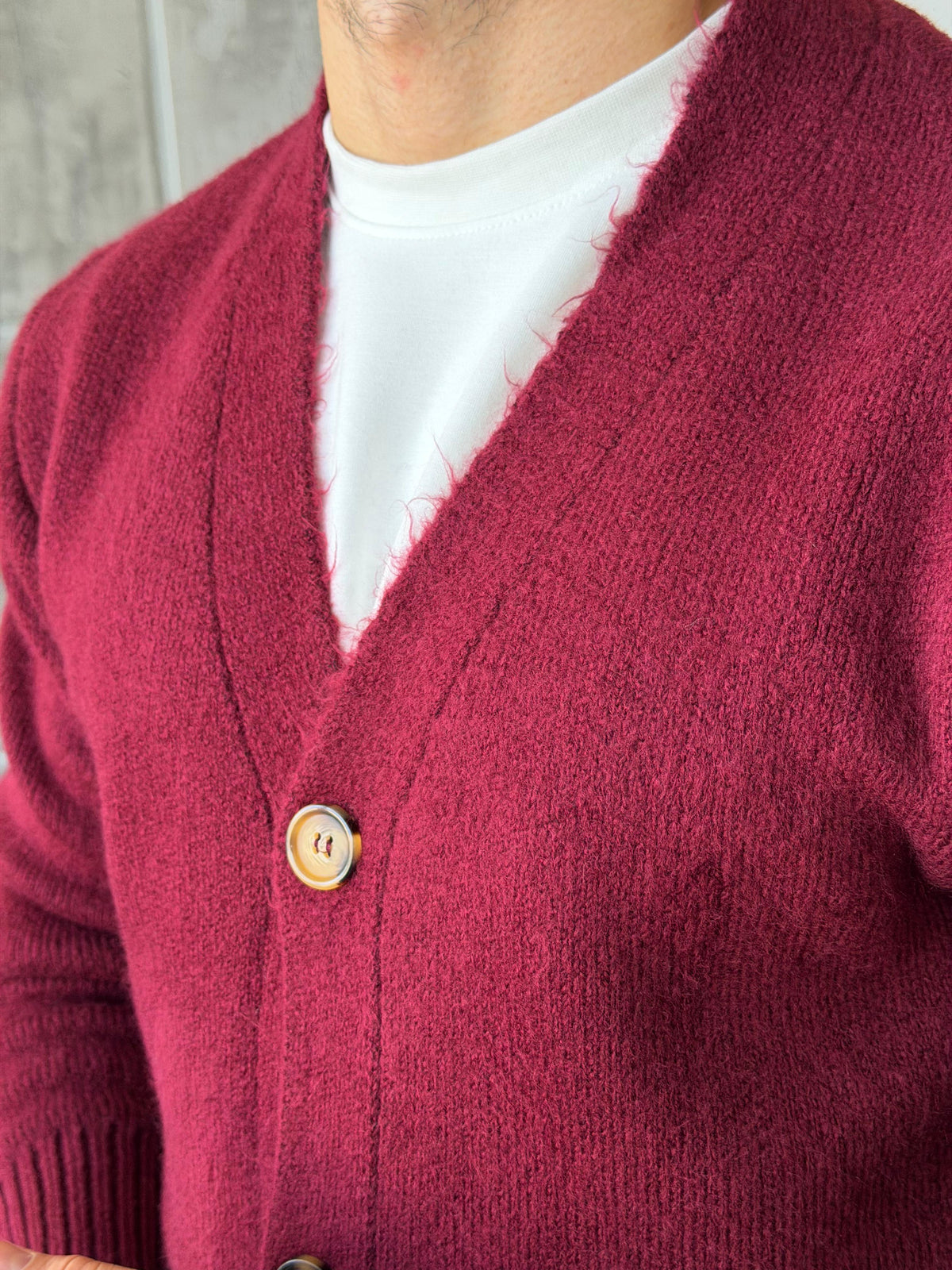 Buttoned Knit V-Neck Cardigan - BORDO