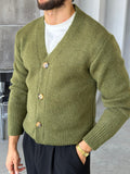 Buttoned Knit V-Neck Cardigan - GREEN