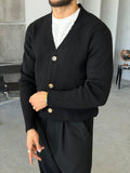 Buttoned Knit V-Neck Cardigan - BLACK