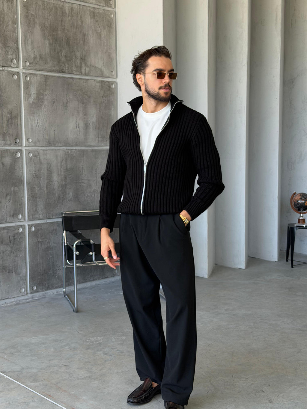 Ribbed Stand Collar Double-Zip - BLACK