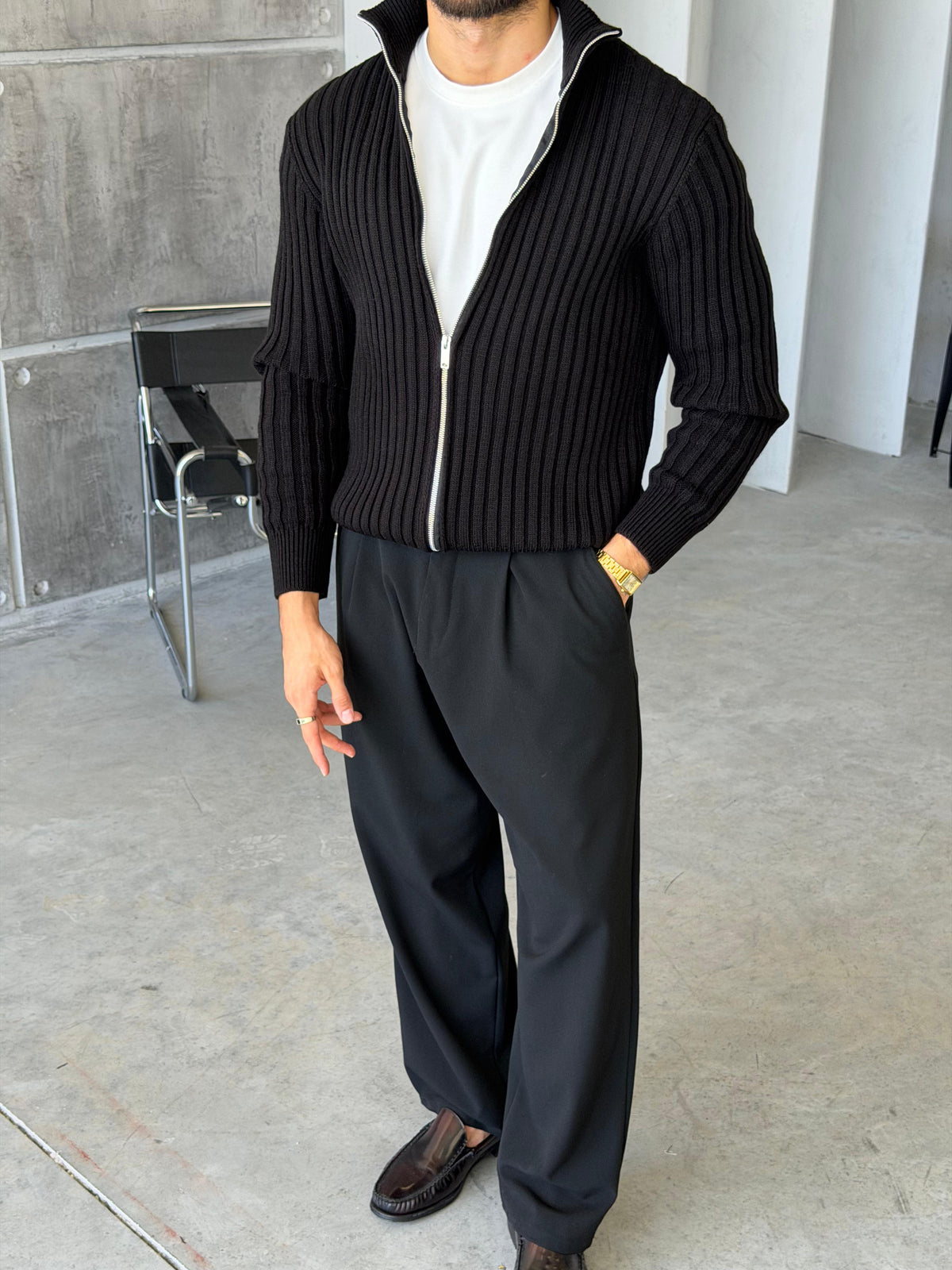 Ribbed Stand Collar Double-Zip - BLACK