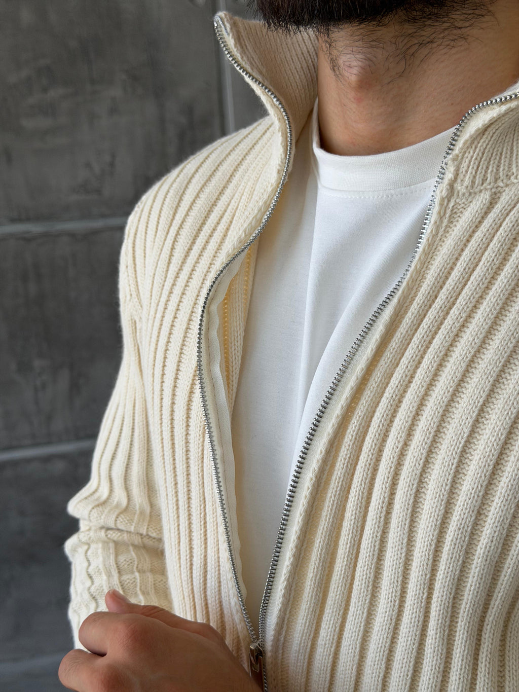 Ribbed Stand Collar Double-Zip - ECRU