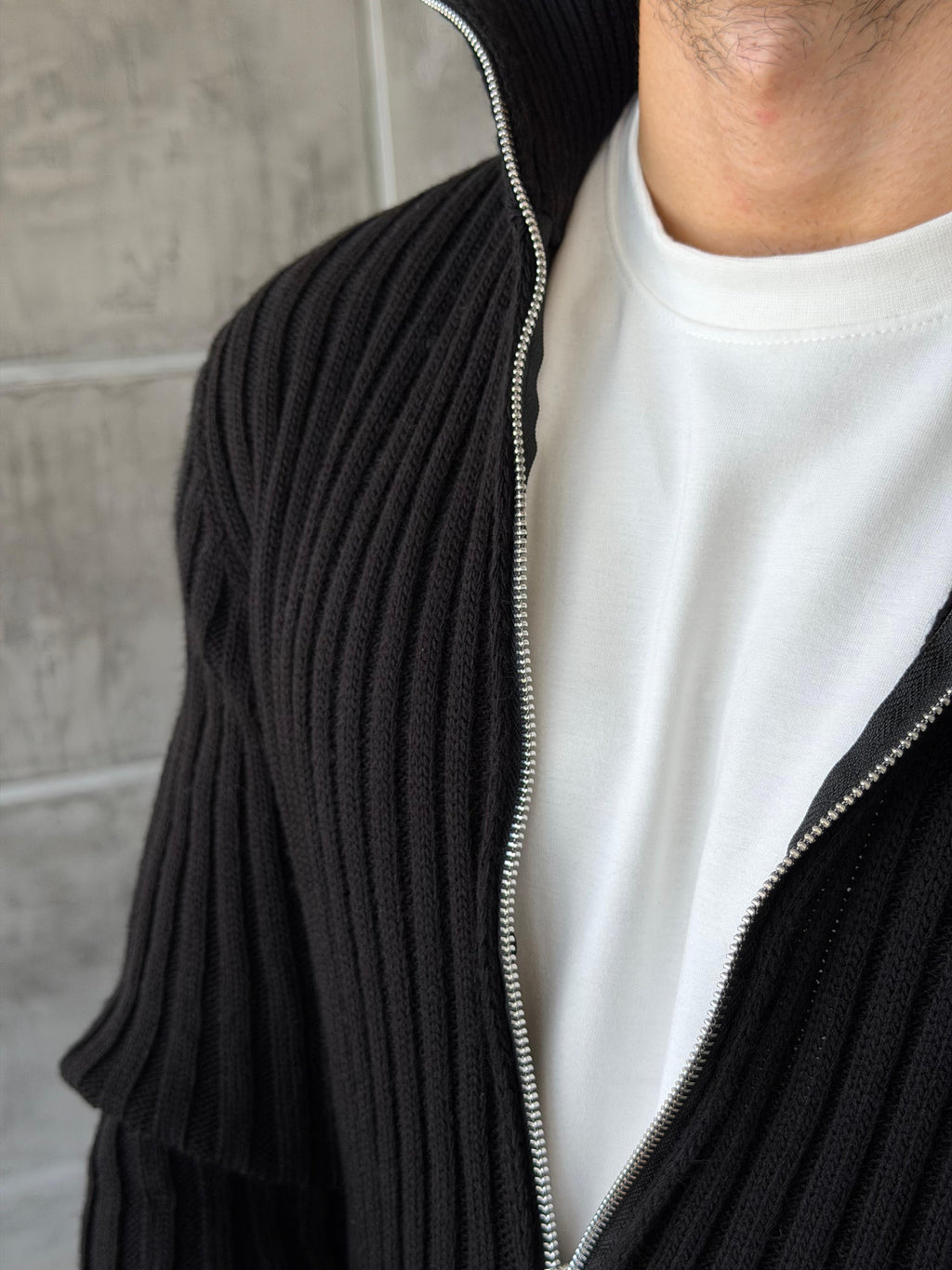Ribbed Stand Collar Double-Zip - BLACK