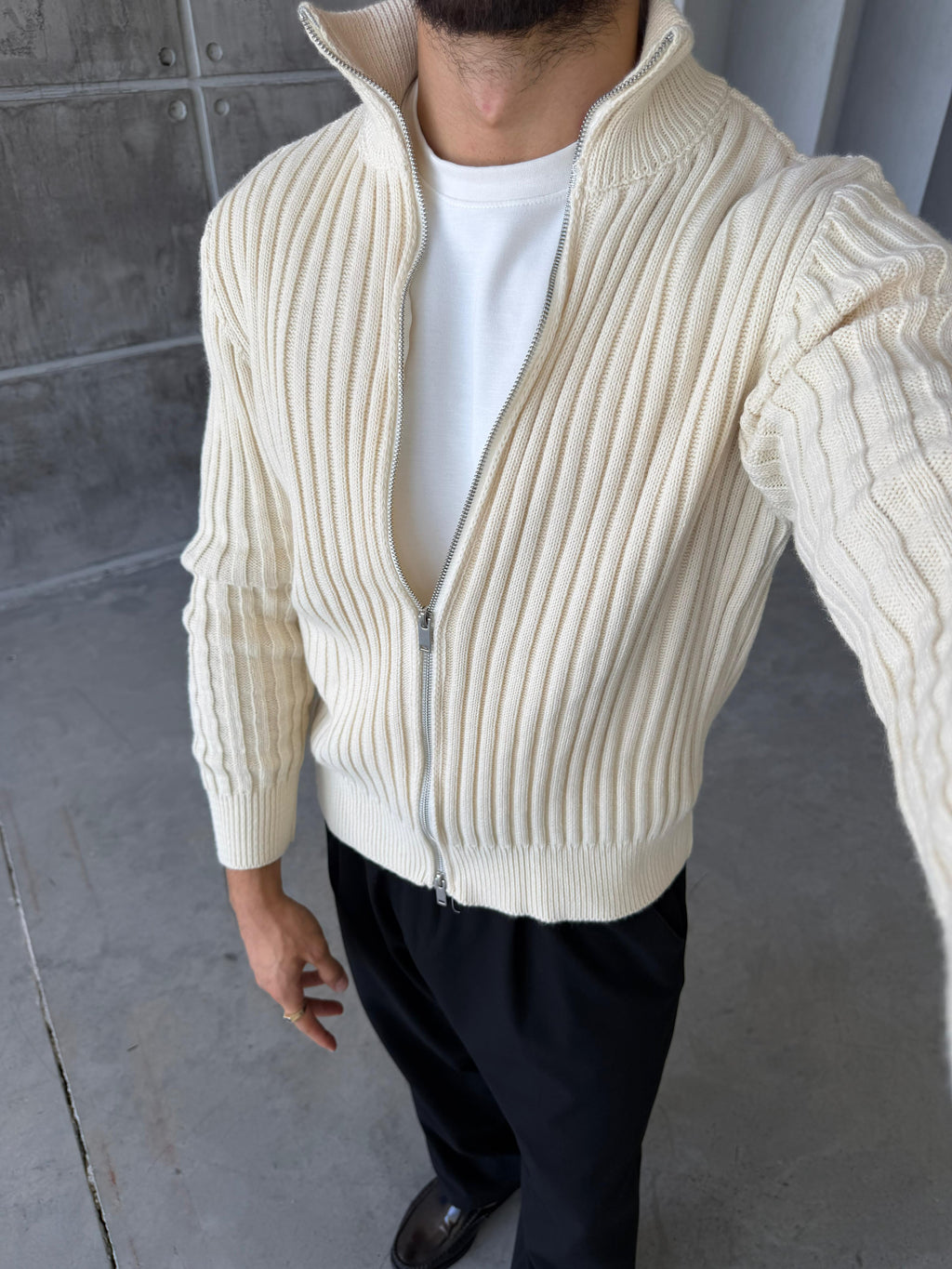 Ribbed Stand Collar Double-Zip - ECRU