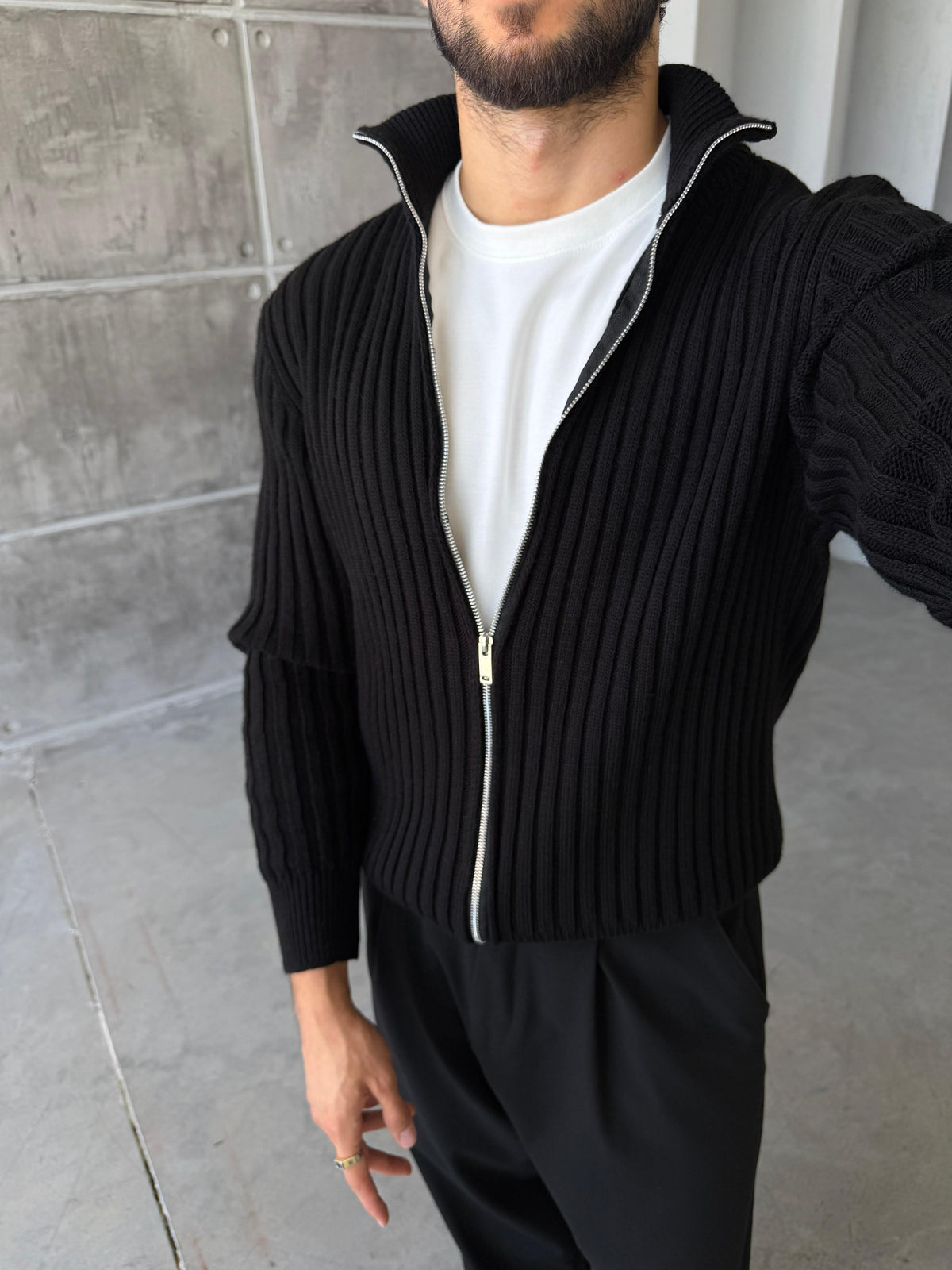 Ribbed Stand Collar Double-Zip - BLACK