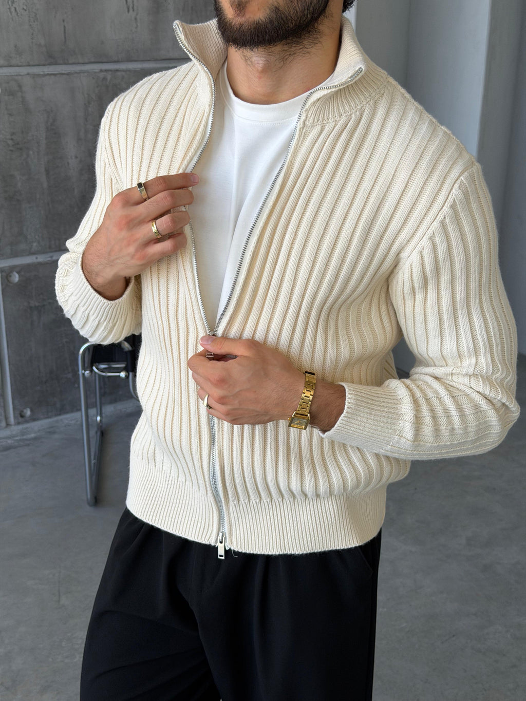 Ribbed Stand Collar Double-Zip - ECRU