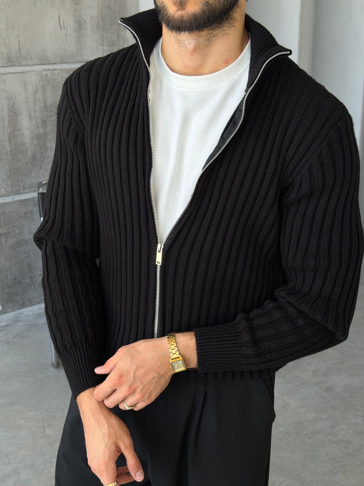 Ribbed Stand Collar Double-Zip - BLACK
