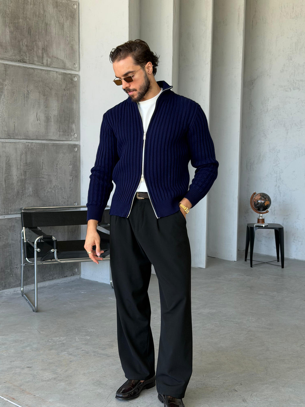 Ribbed Stand Collar Double-Zip - Navy Blue