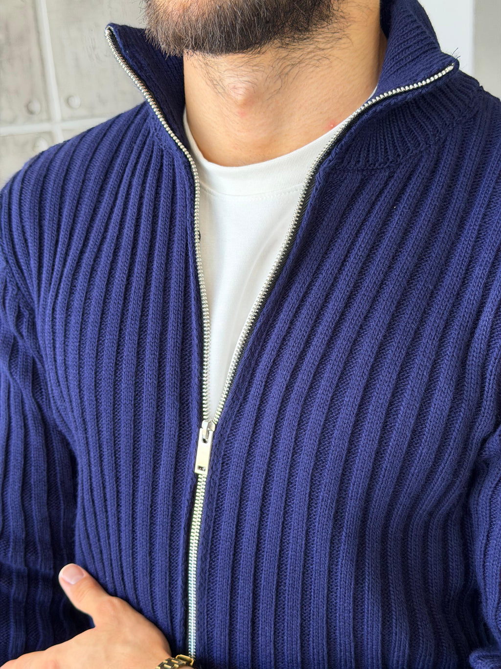 Ribbed Stand Collar Double-Zip - Navy Blue